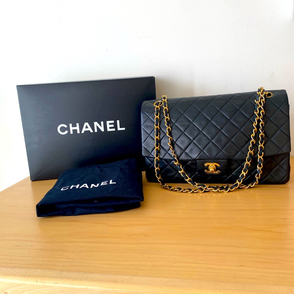**SOLD** CHANEL Vintage Black Lambskin Quilted Medium Flap Bag w/Gold Turn Lock